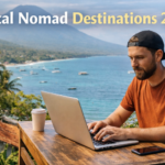 Remote worker using a laptop at a seaside location with tropical scenery, showcasing the digital nomad lifestyle