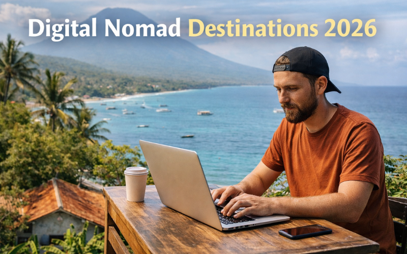 Remote worker using a laptop at a seaside location with tropical scenery, showcasing the digital nomad lifestyle
