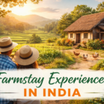 Farmstay experiences in India with countryside farmhouse, green fields, and rural lifestyle at sunset