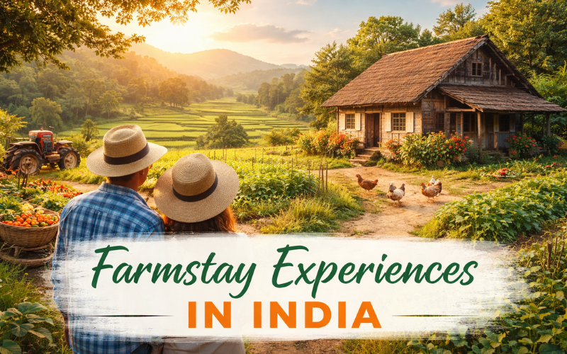 Farmstay experiences in India with countryside farmhouse, green fields, and rural lifestyle at sunset