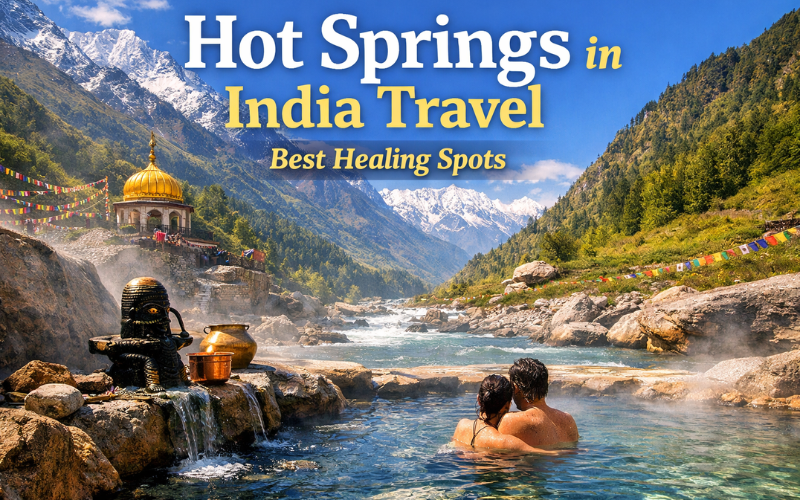 Hot springs in India travel with natural healing hot water pools surrounded by Himalayan mountains and scenic landscapes