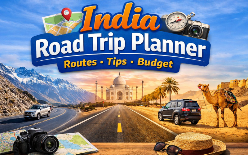 India road trip planner with scenic highways, mountains, deserts, and iconic landmarks